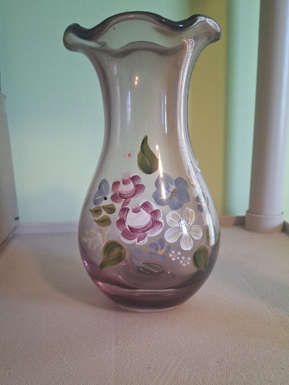 Hand-Painted Fenton Glass Vase with Floral Design